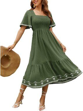 Women's Short Sleeve Smocked Square Neck A Line Summer Flowy Maxi Long Dress